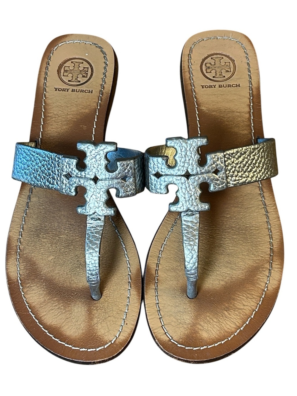 Tory Burch Moore metallic pewter pebble leather thong sandals size 7.5 - Picture 12 of 12